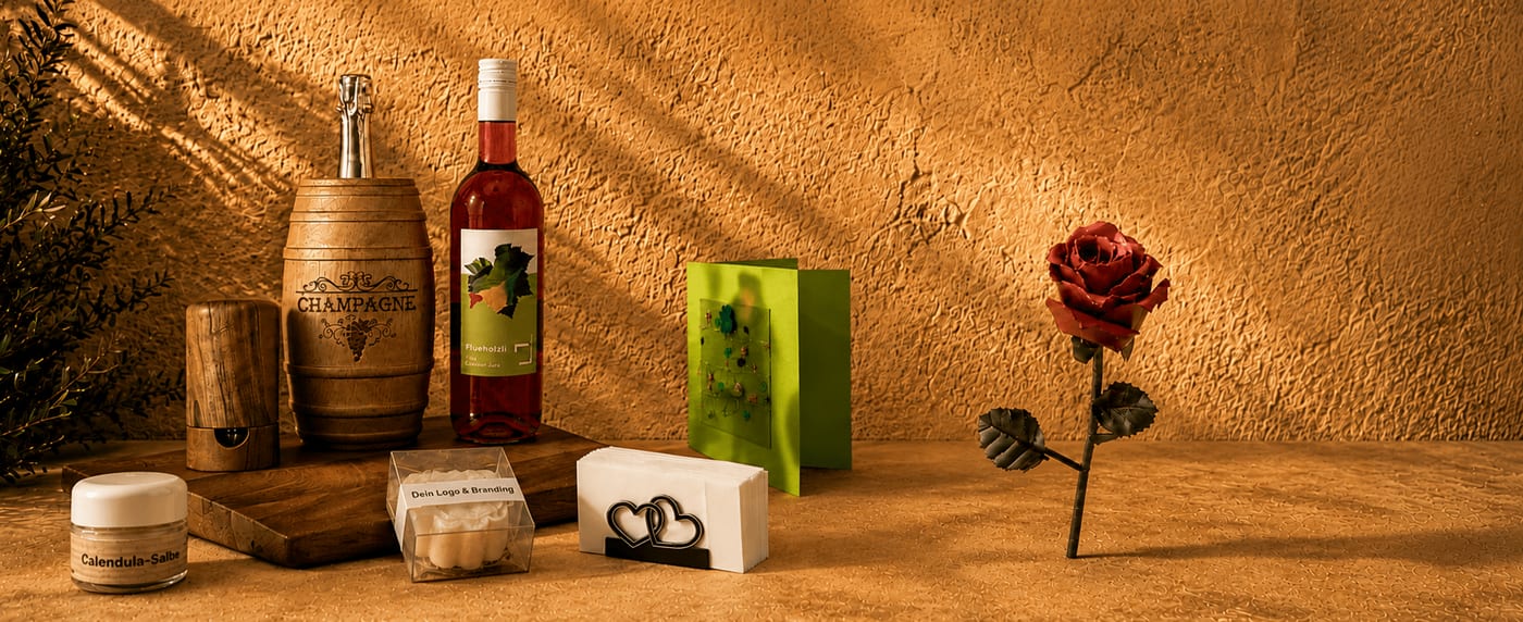 Stillleben mit Produkten aus dem Sortiment vor einer warm beleuchteten Wand: Holzfass für Champagner, Flühölzli-Wein, Calendula-Salbe, Seife mit eigenem Logo, Kartenhalter mit Herzen, Grusskarte und Metallrose